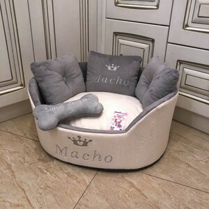 Light gray and cream personalized dog bed Luxury bed for dog Grey bed for dog Designer pet bed Cat bed Custom made dog bed Royal dog bed image 3