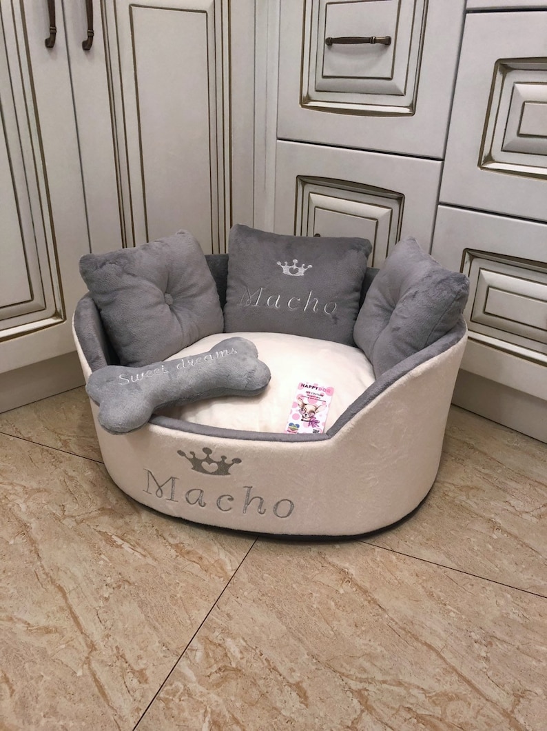 Light gray and cream personalized dog bed Luxury bed for dog Grey bed for dog Designer pet bed Cat bed Custom made dog bed Royal dog bed image 3