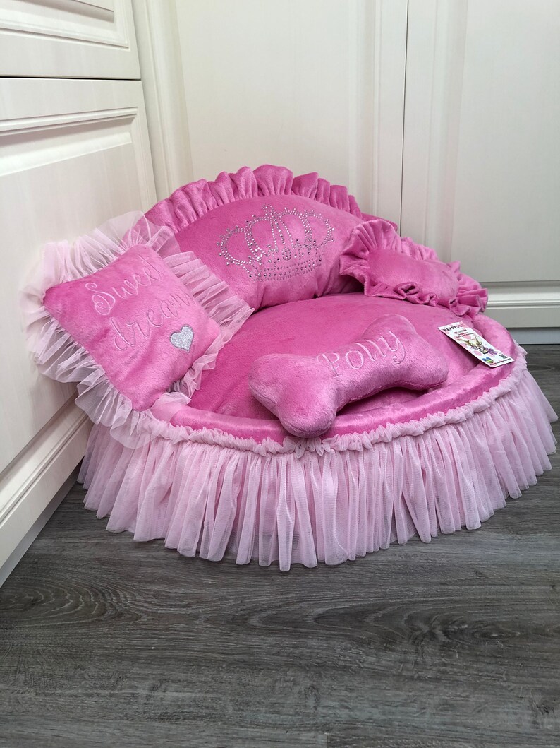 Pink Princess Dog Bed With Crown Sparkles Designer Pet Bed Cat Etsy