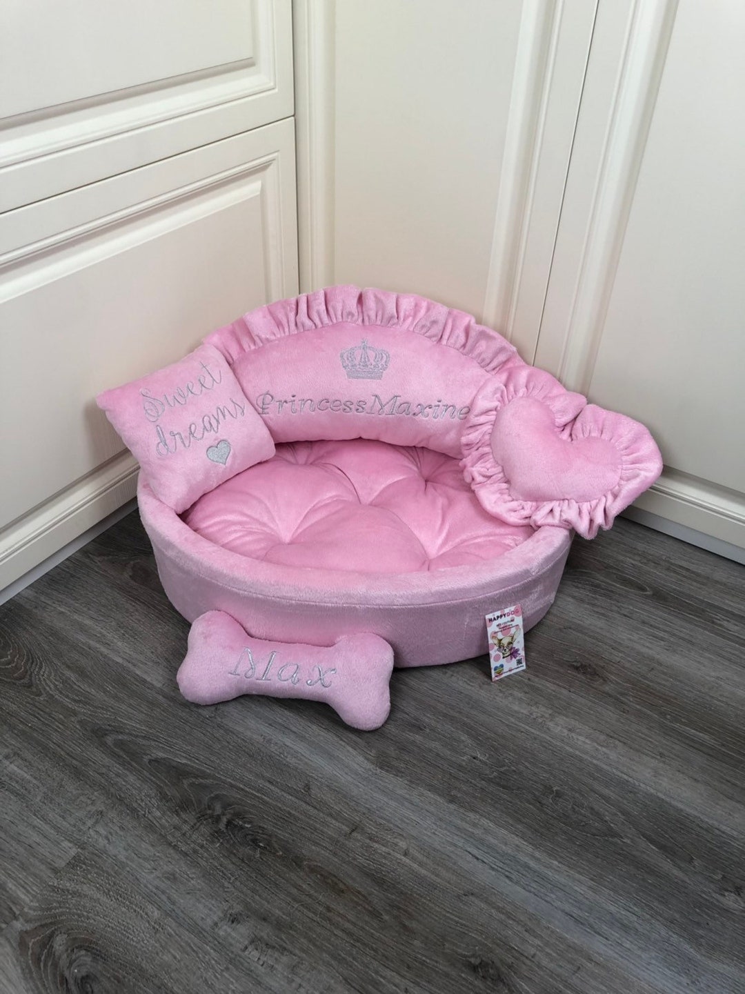 Baby Pink Princess Dog Bed With Silver Embroidery Luxury Personalized