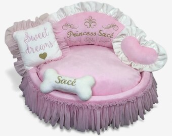 Princess Pink Dog Bed • Faux Fur Pet Sofa with Ruffles, Personalized Pillow
