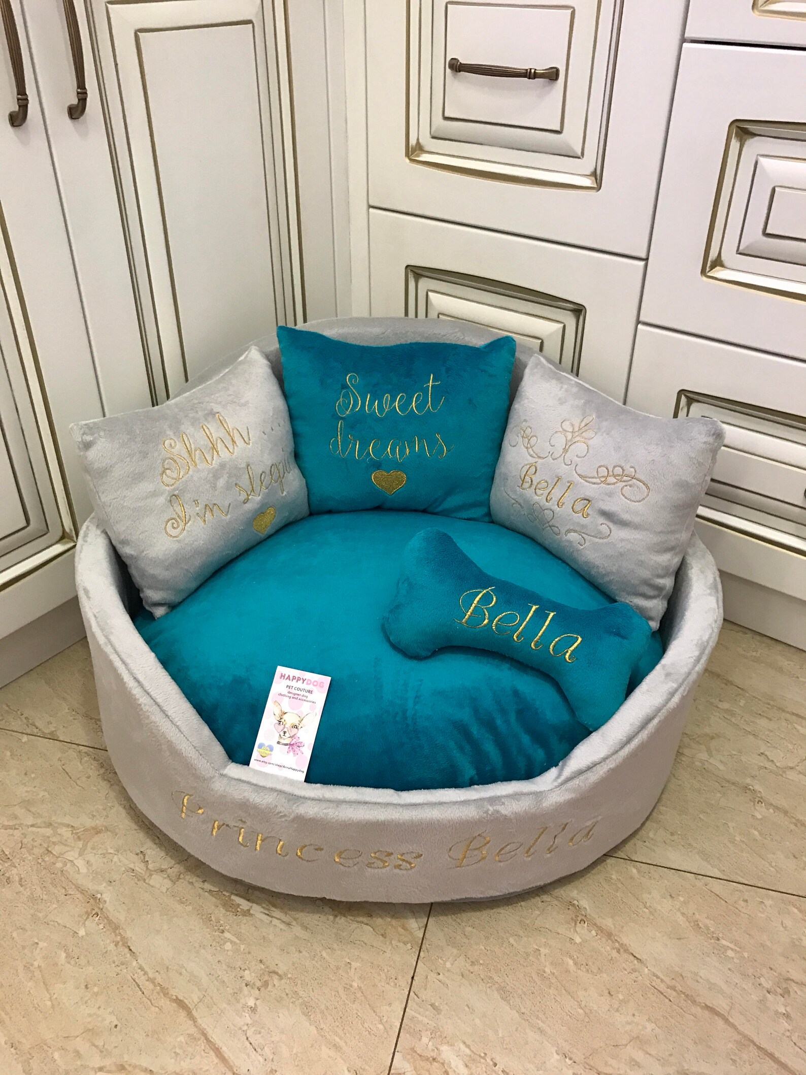 Light Gray and Teal Luxury Dog Bed Gray Bed for Dog Designer Etsy