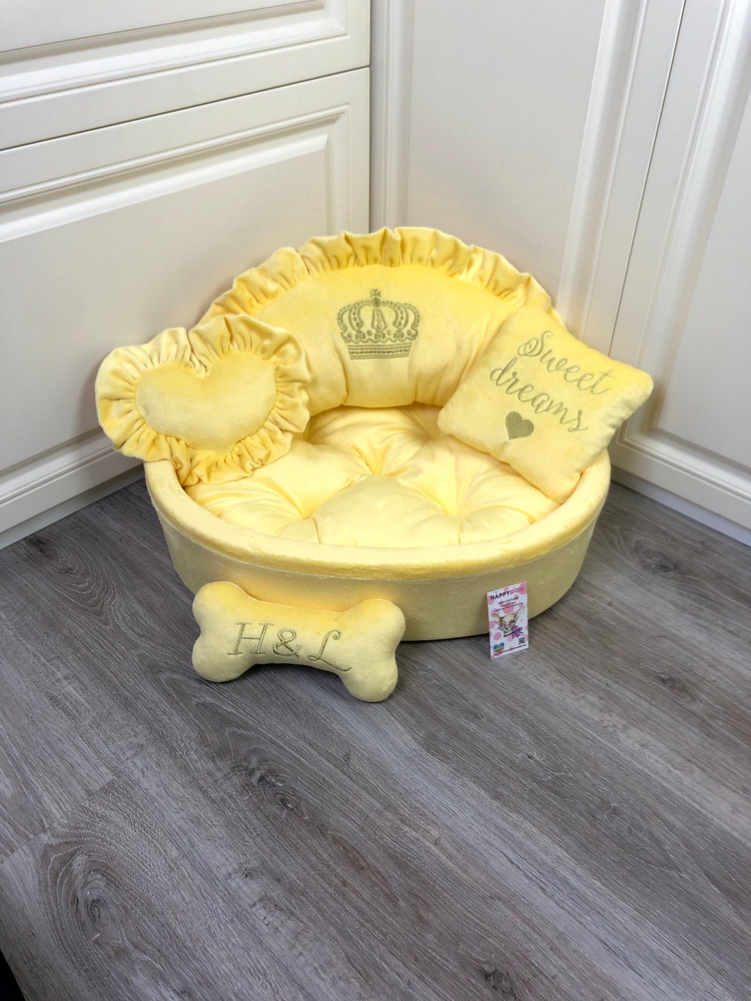 Luxury Yellow Designer Dog Bed Princess Puppy Bed Personalized Dog Bed Luxury Dog Bed Custom