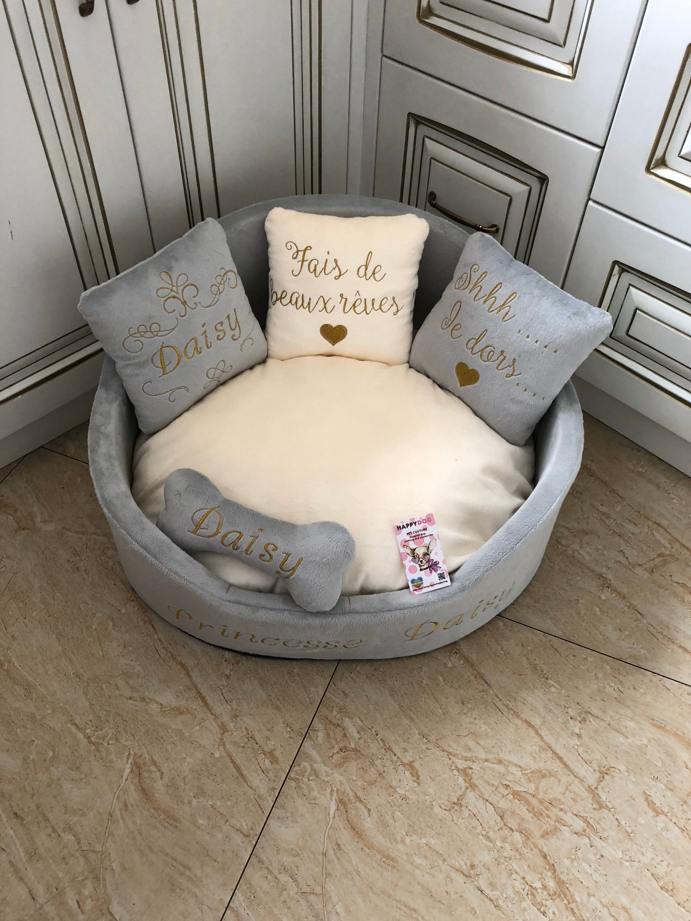Cream and Gray Luxury Dog Bed Cream Royal Dog Bed Designer Pet 