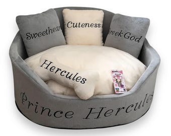 Cama para mascotas Royal gris y crema: cama personalizada para perros y gatos, hecha a mano