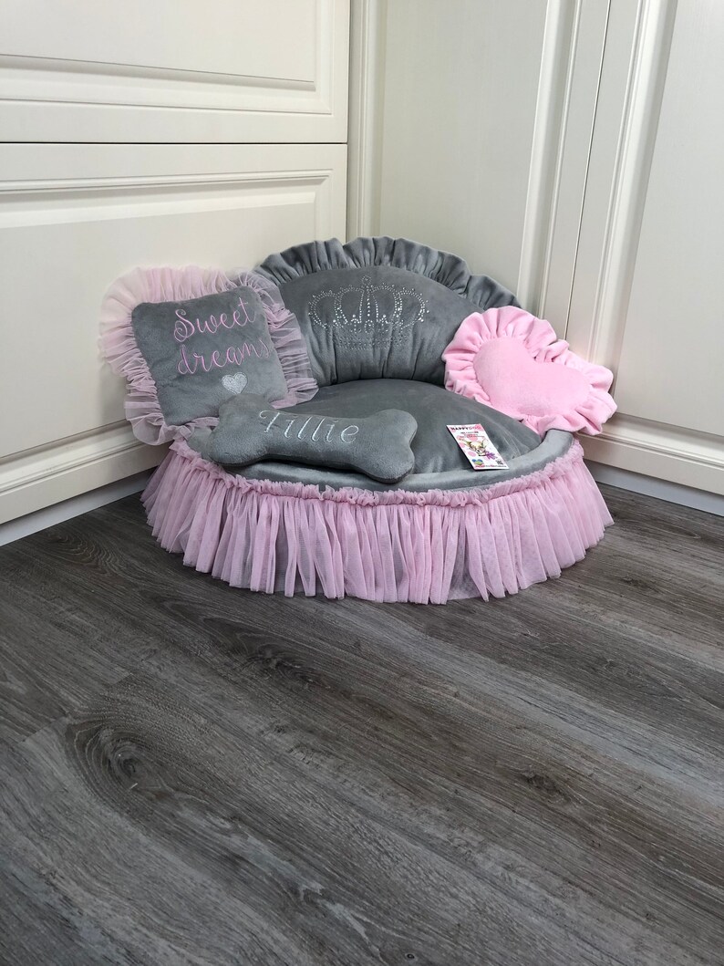 Gray and Baby Pink Luxury Dog Bed With Crown Sparkles Designer Etsy