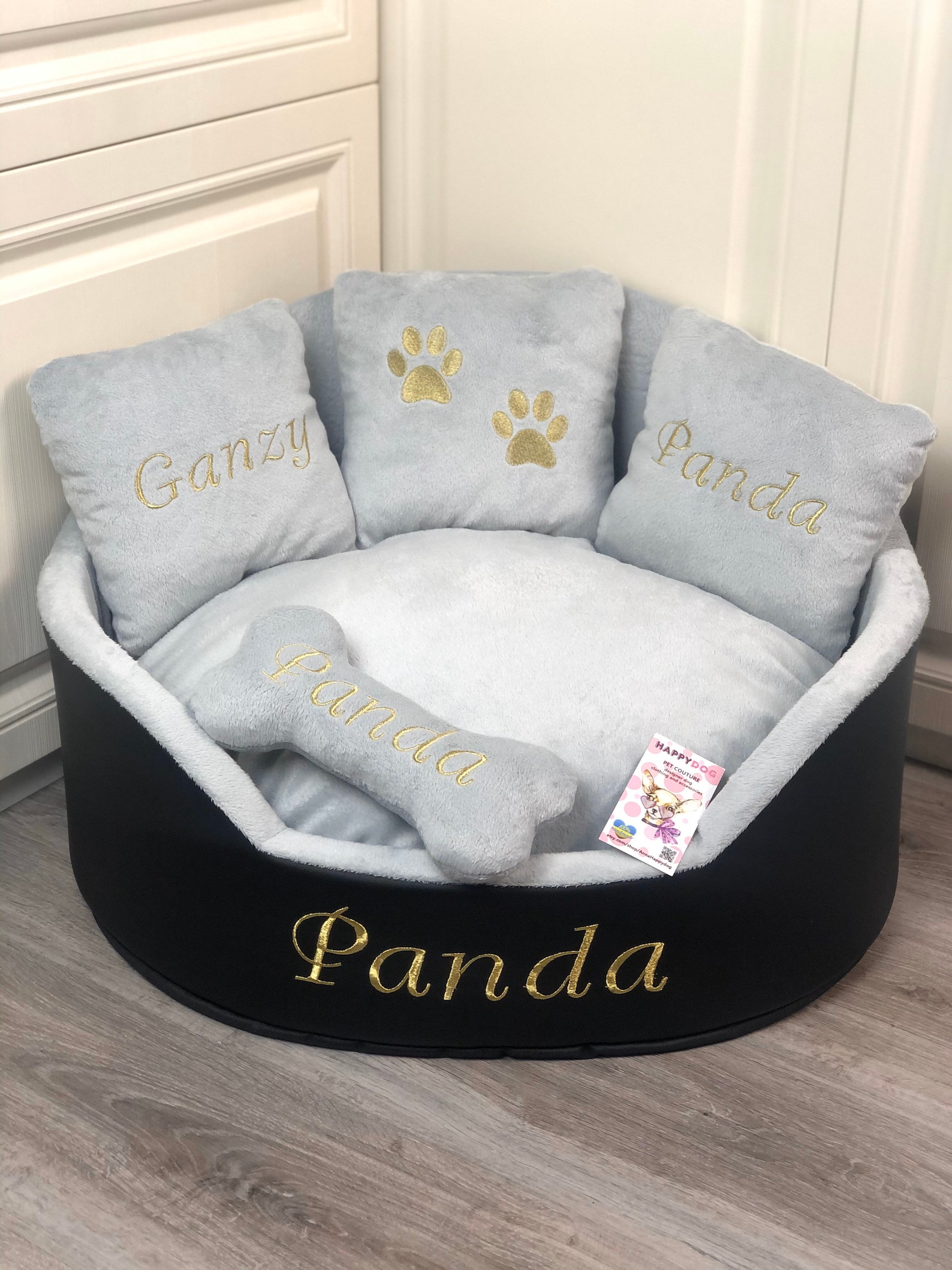 Black and gray with golden personalized dog bed Faux leather Etsy