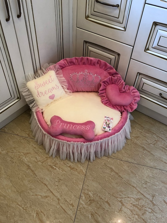 Pink and Cream Luxury Princess Dog Bed With Crown Sparkles 
