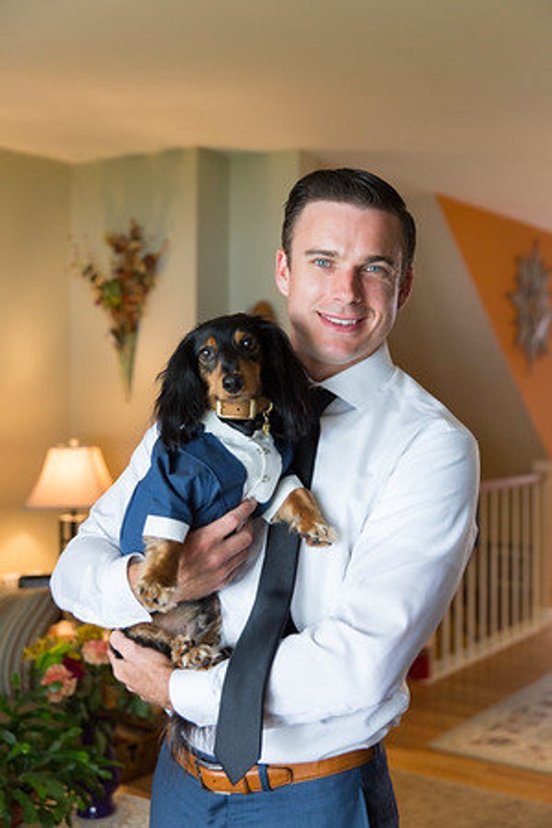 Navy blue dog tuxedo with black bow tie Dog wedding attire Formal dog suit Swallow-tailed dog coat Birthday dog costume Custom Dog wedding
