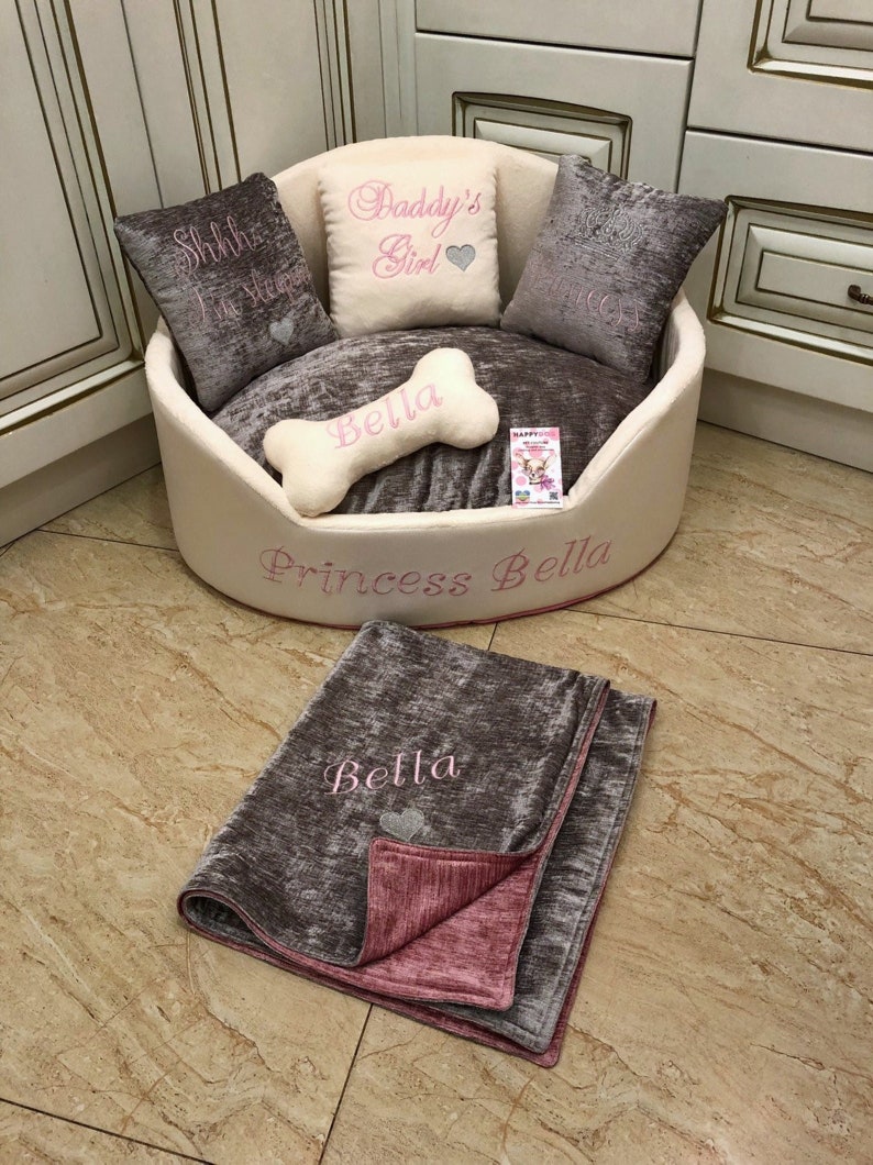Cream and Gray Personalized Dog Bed Faux Leather Cream Pet Bed Etsy