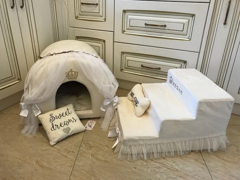 Ivory set of pet house and stairs Princess dog bed Designer Etsy