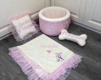 Cream and baby pink dog toy basket Toy storage Cat toys basket Luxury dog gift Dog lover gift Personalized dog present Dog bone