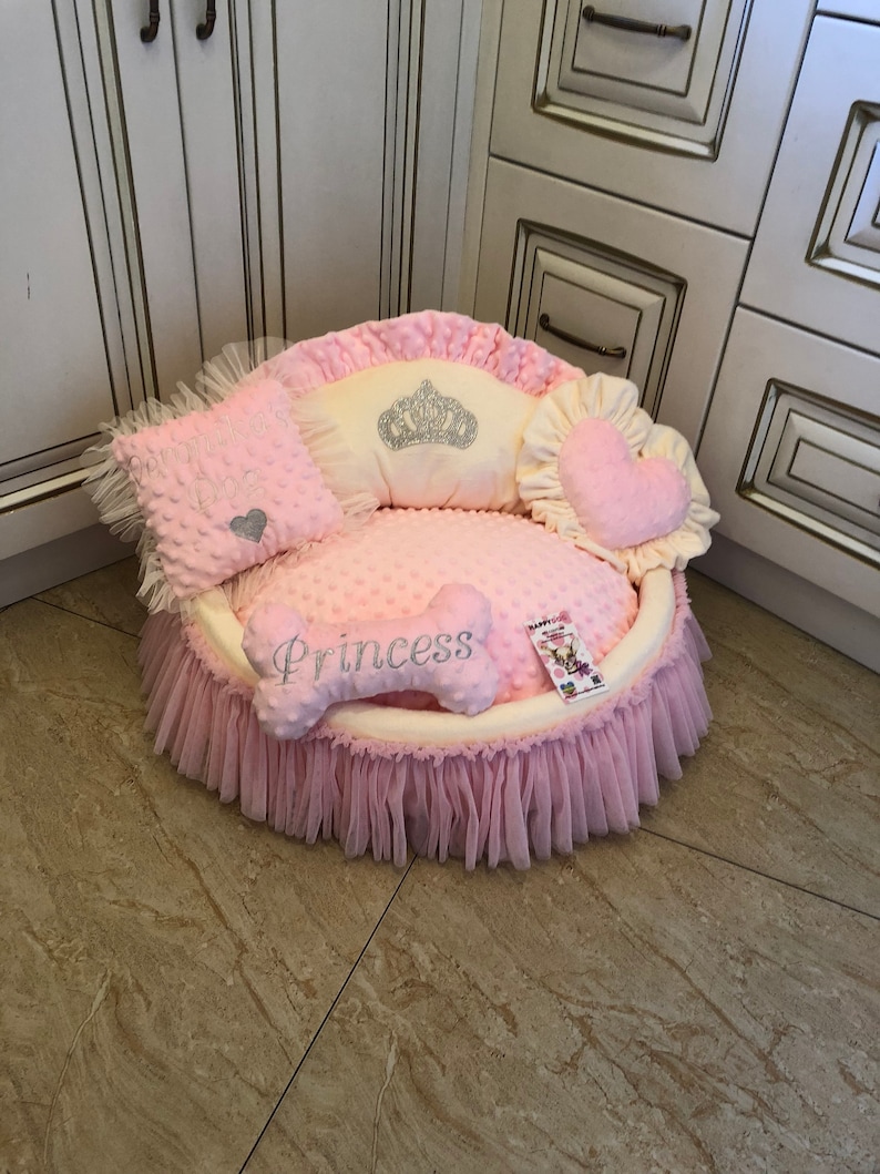 Baby pink and cream princess dog bed with crown sparkles Puppy Etsy
