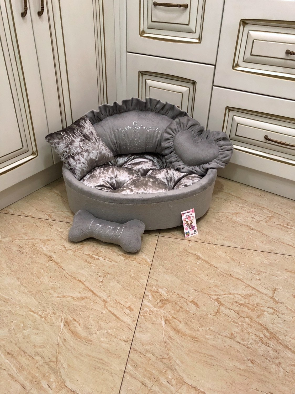 Gray Designer Dog Bed With Crown Rhinestones Personalized Dog 