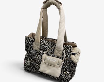 Leopard Faux Fur Dog Carrier Bag, Luxury Small Pet Travel Tote, Designer Puppy Purse with Cushions, Ready to Ship Size S