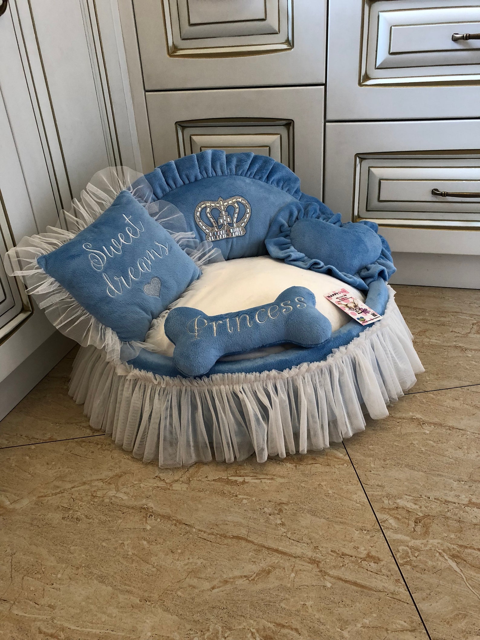 Blue Princess Bed With Crown Sparkles Designer Pet Bet Cat Bed Etsy