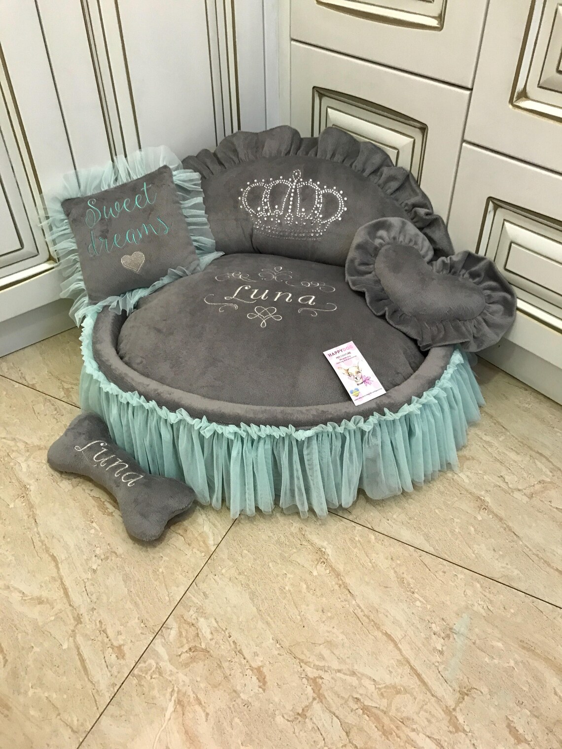 Grey Princess Pet Bed With Crown Sparkles and Mint Tulle Skirt Etsy
