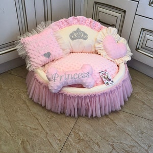 Baby pink and cream princess dog bed with crown sparkles Puppy bed for princess dog Designer pet Cat bed Medium or small Personalized bed image 5