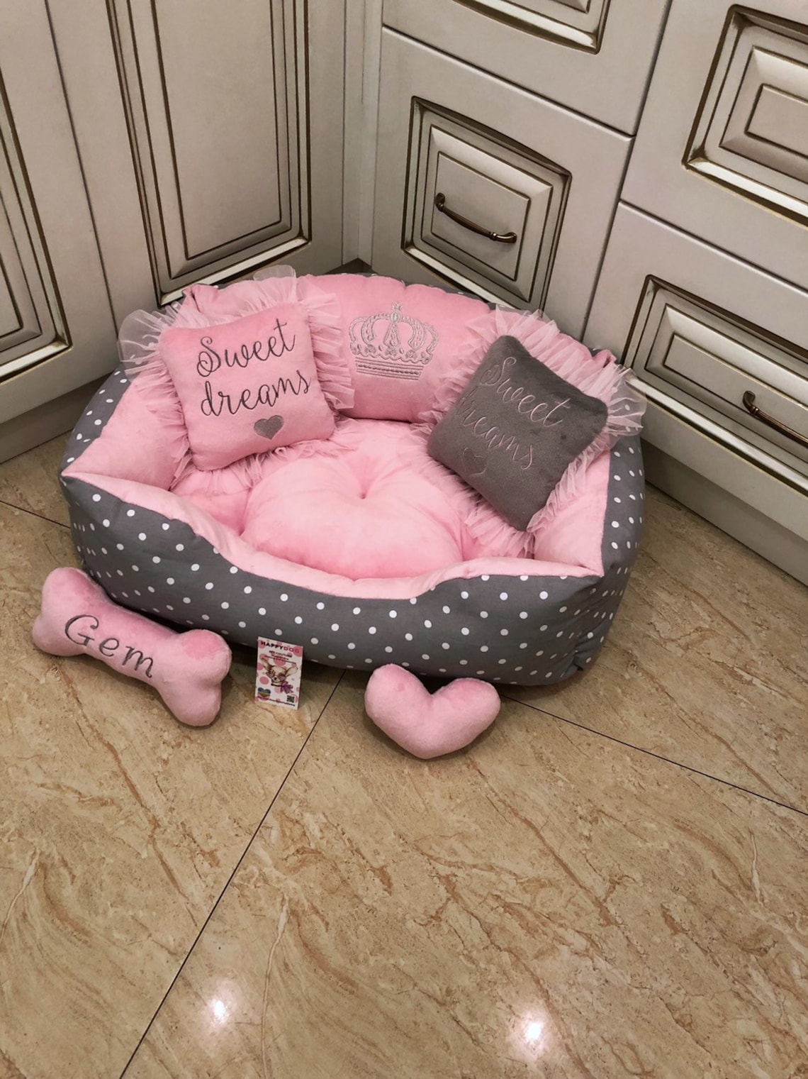 Baby pink and gray polka dot designer dog bed Princess dog bed Etsy