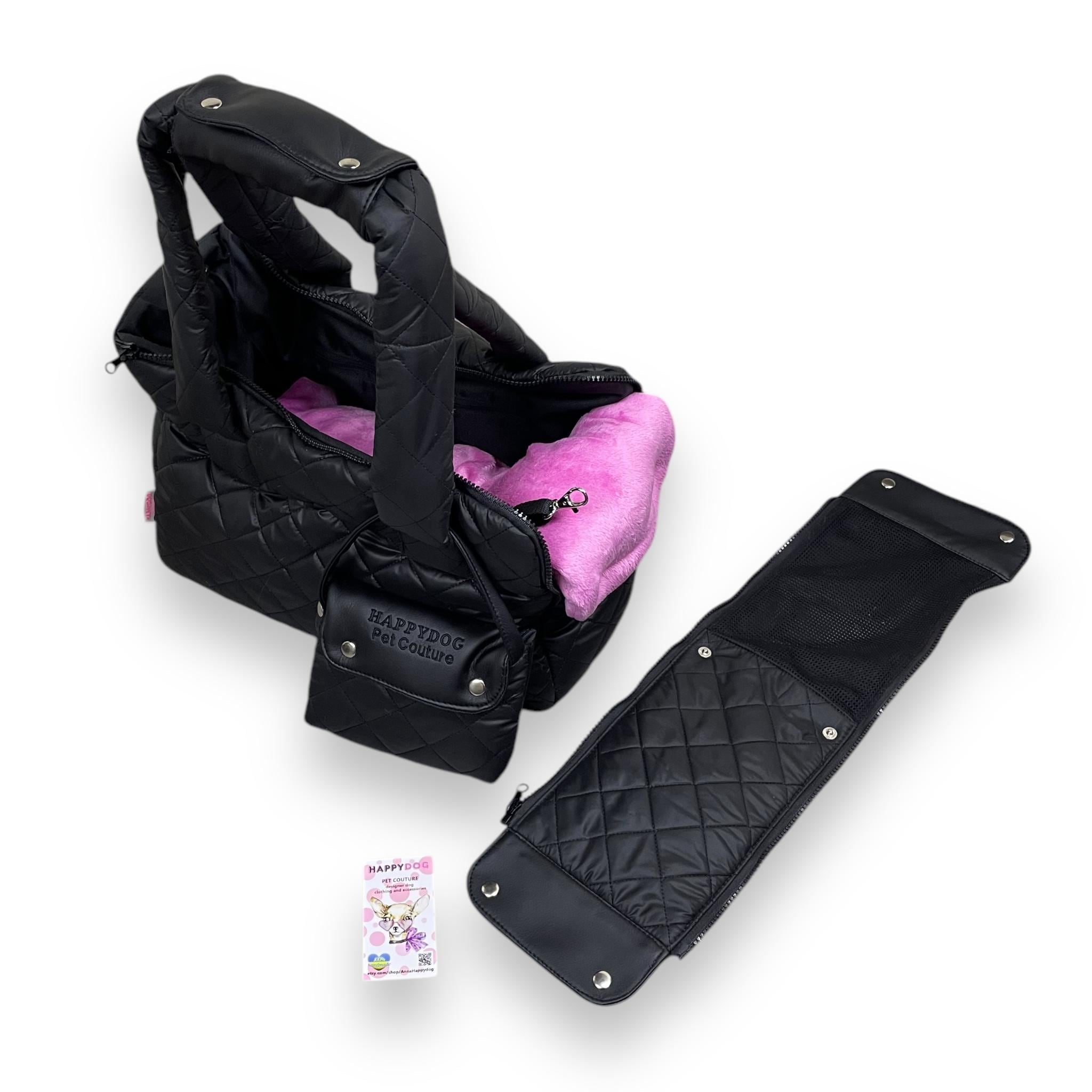 黒のキルティング犬用キャリーバッグ：小型犬用旅行バッグ