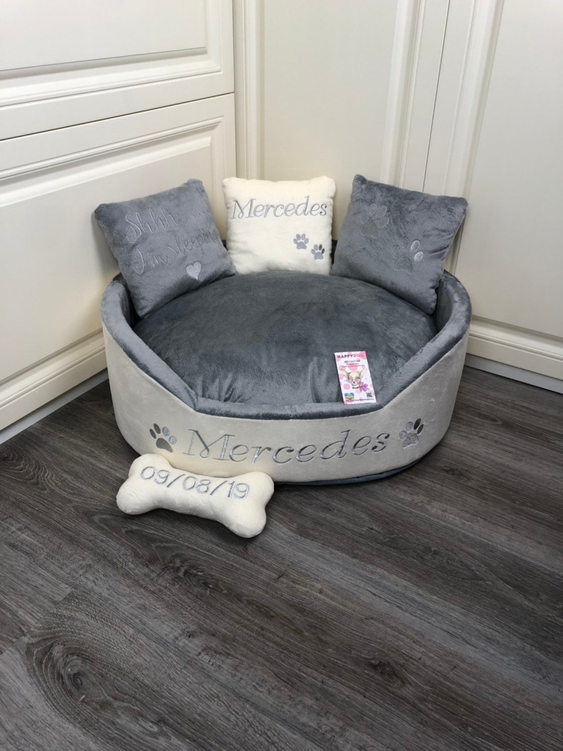 Cream and gray personalized dog bed Luxury bed for dog Grey Etsy