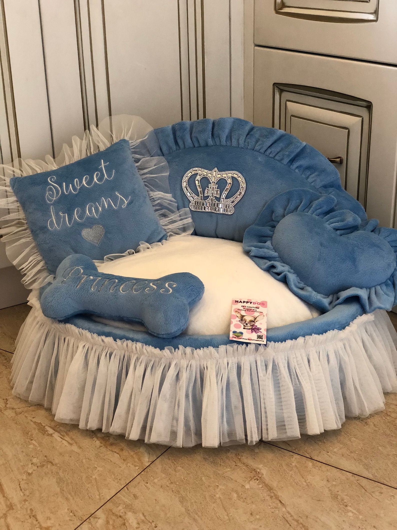Blue Princess Bed With Crown Sparkles Designer Pet Bet Cat Bed Etsy
