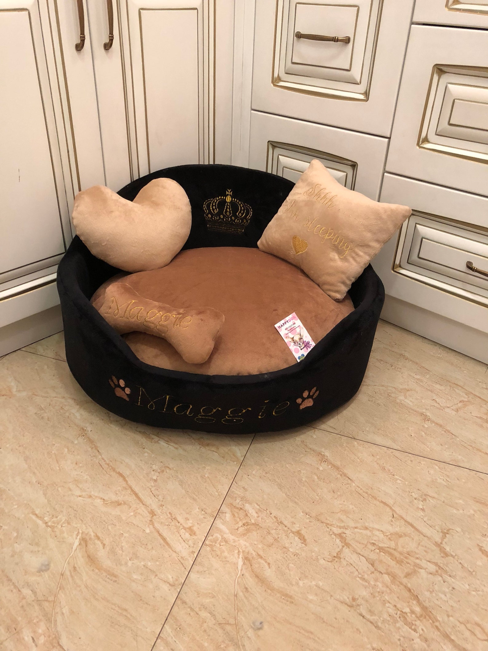 Black and brown dog bed Luxury dog bed in beige Personalized | Etsy