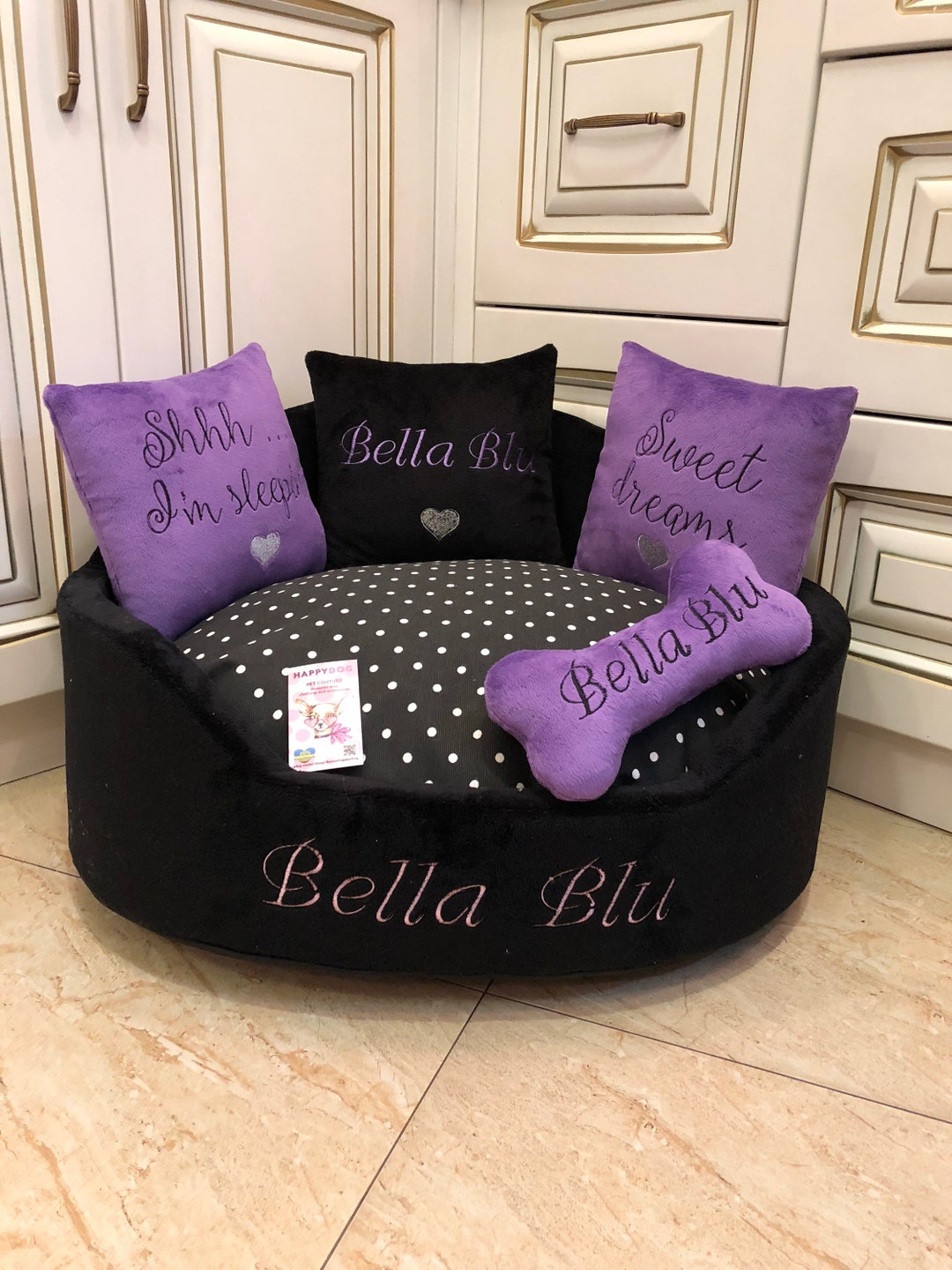 Purple and Black Polka Dot Designer Dog Bed Designer Pet Bed Cat Bed