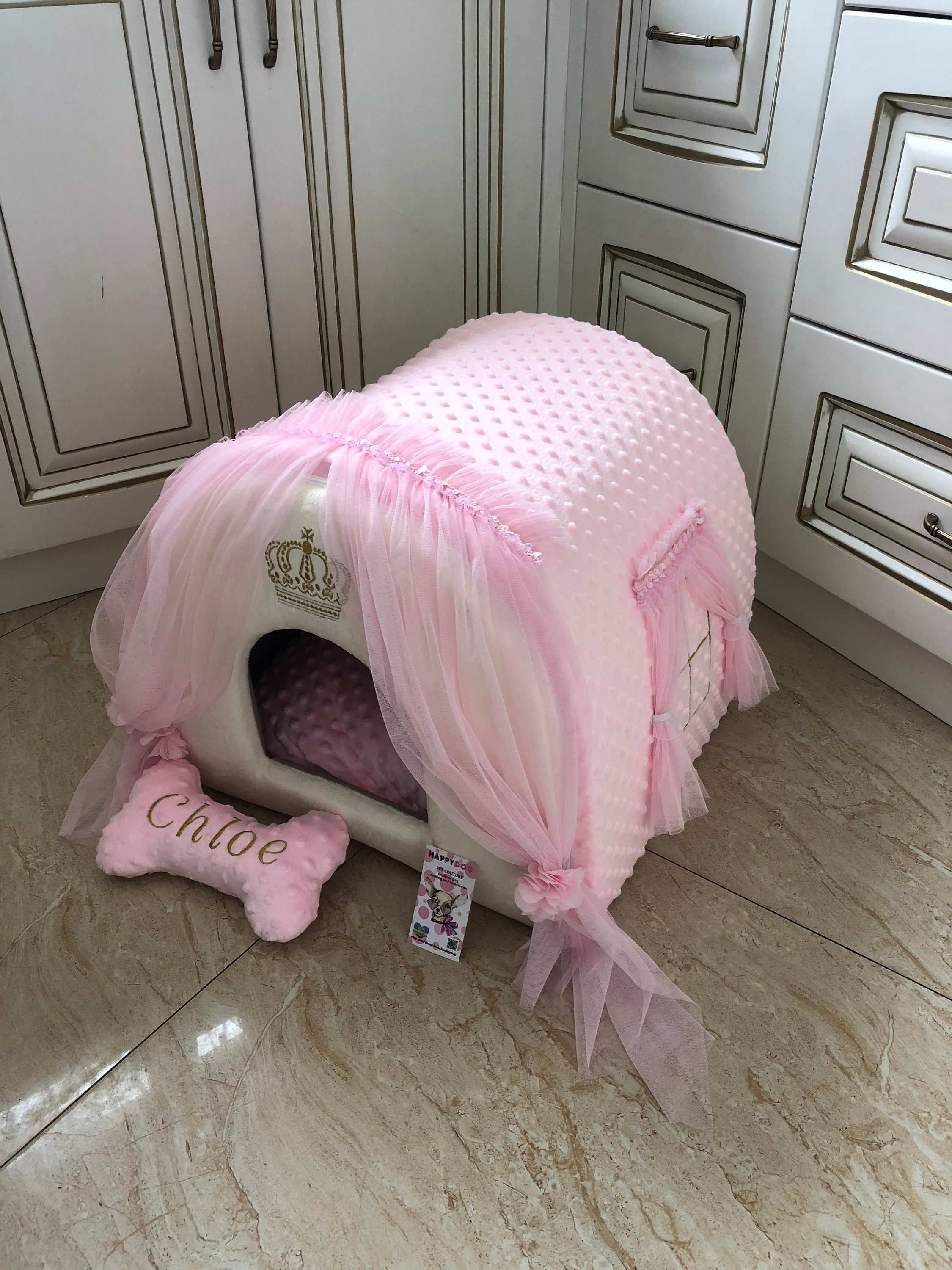 Luxury Pink Minky Fur Dog House: Designer Pet Bed With Tulle