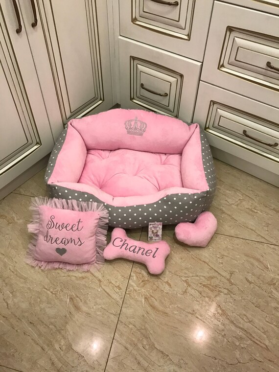 Baby Pink and Black Luxury Dog Bed With Crown Sparkles and 