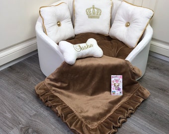 Cream and brown  luxury personalized dog bed Cream royal dog bed Designer pet bed Cat bed Custom made dog bed Faux leather dog bed