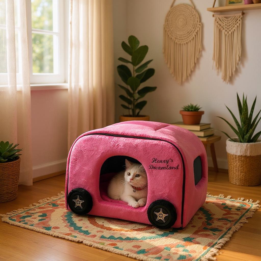 ピンクカー♡犬用ベッド 鮮やかなピンクの犬用車用ベッド：手作りミンキーファーペットハウス