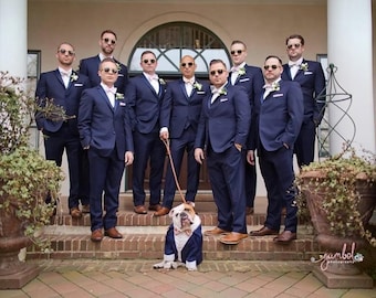 Custom Navy Blue Dog Tuxedo with Gold Sequin Bow | Wedding Suit for Dogs | Personalized Ring Bearer Outfit | Formal Dog Clothes