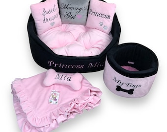 Personalized Tufted Dog Bed: Black Pink Minky Fur, Handmade Luxury Pet  Pillow