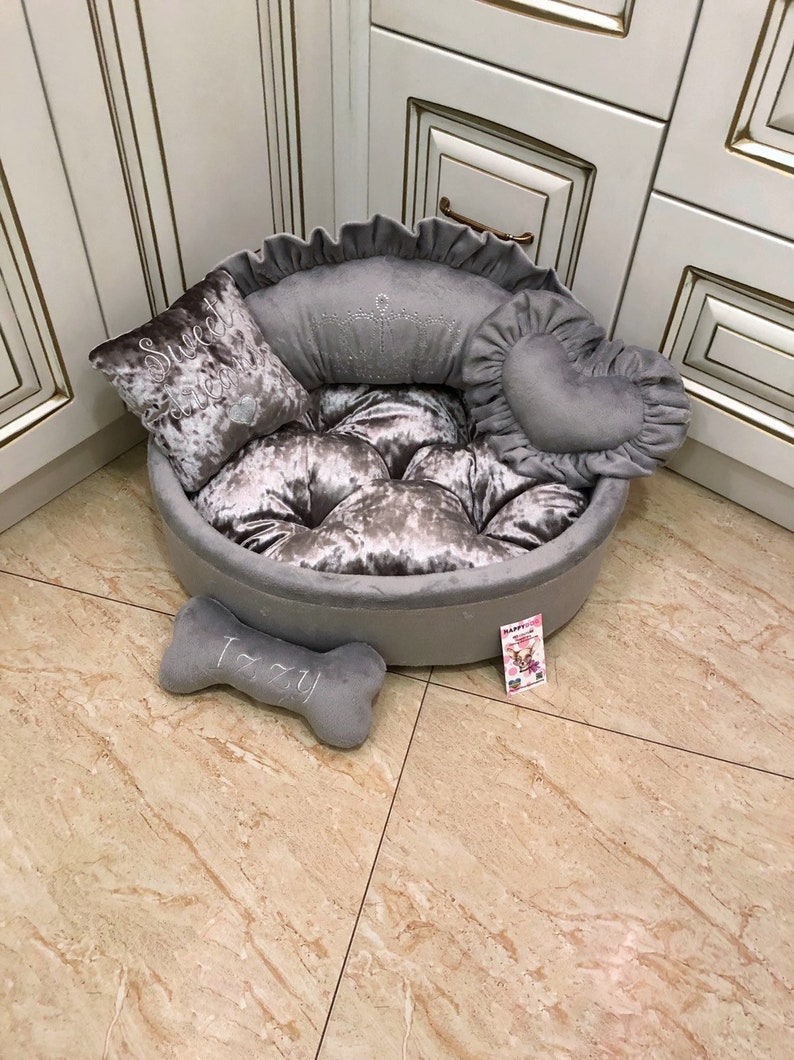 Gray designer dog bed with crown rhinestones Personalized dog Etsy