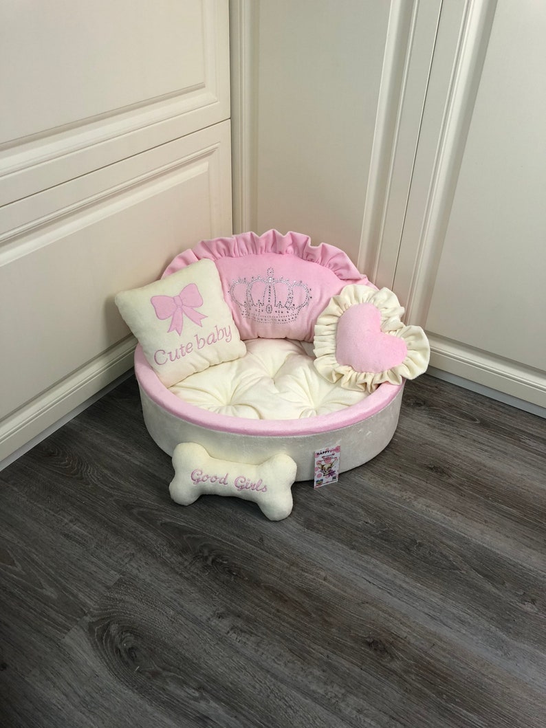 Luxury princess dog bed in pink and cream with crown sparkles Etsy