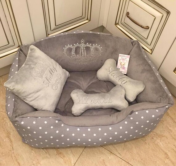 Grey And Polka Dot Dog Bed Purple Ivory Princess