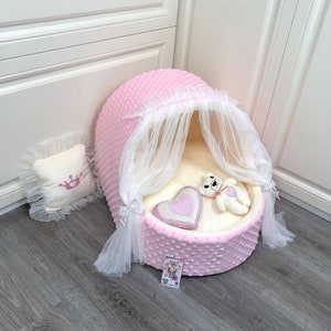 Baby pink and cream designer dog cradle Luxury dog bed with tulle curtains Customized dog bed Birthday dog cradle Personalized puppy bed image 7