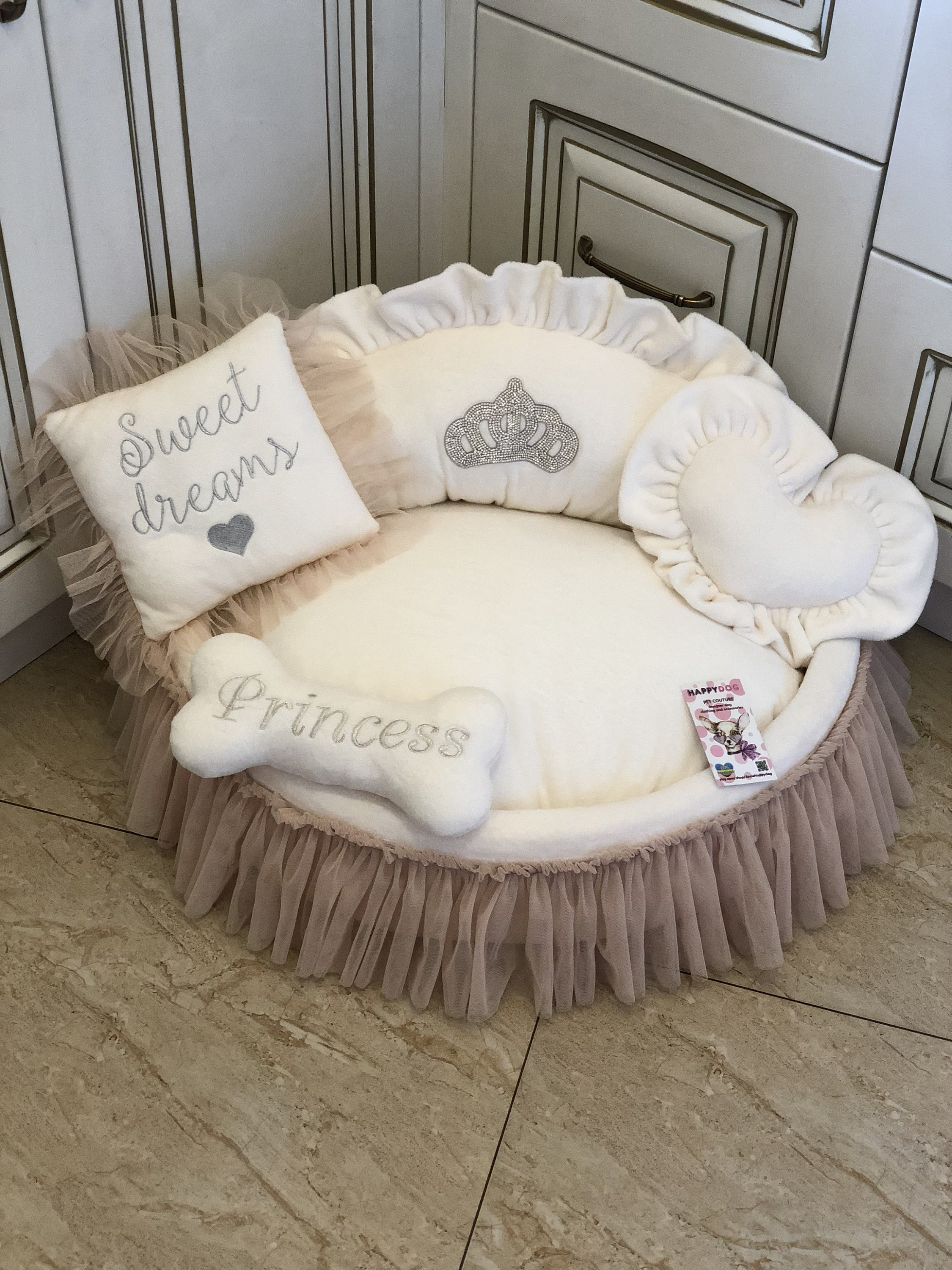 Pink and Cream Luxury Princess Dog Bed With Crown Sparkles 