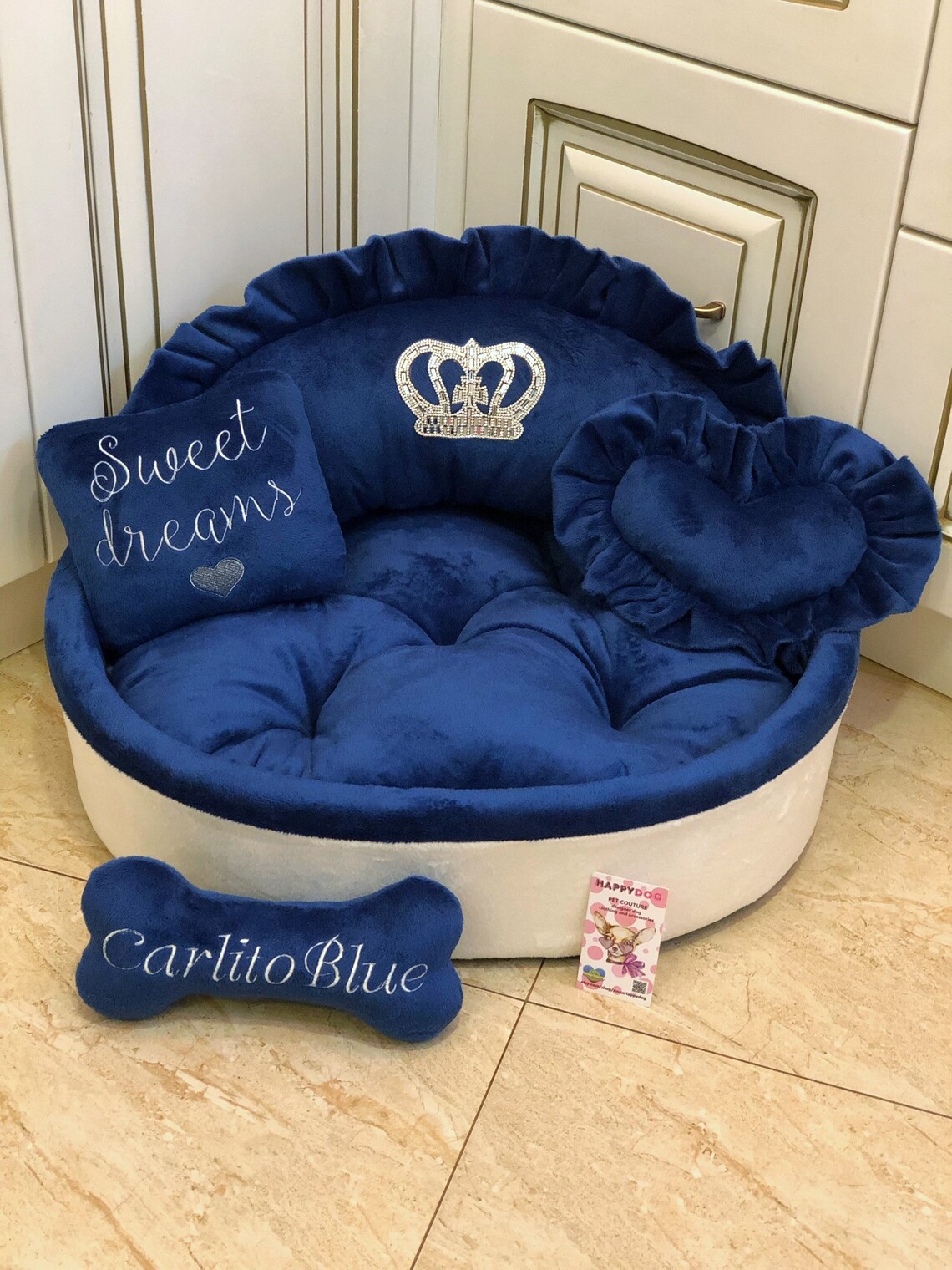 Cream and Navy Blue Luxury Dog Bed With Crown Sparkles Etsy