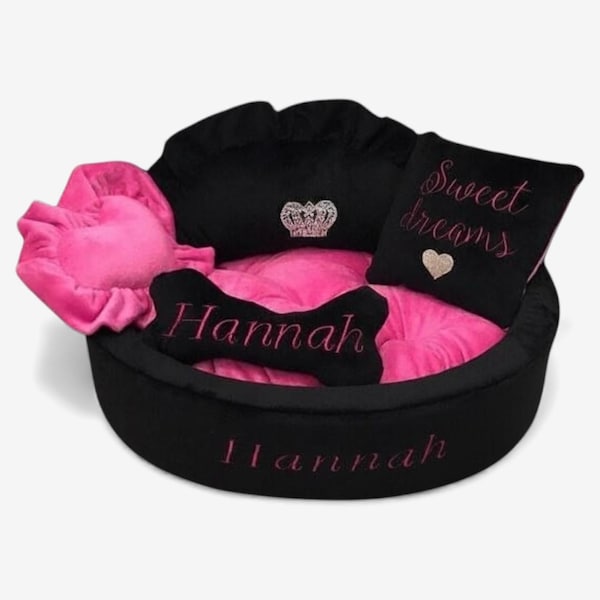 Cuccia per animali da principessa nera e rosa: corona di strass personalizzata, pelliccia di minky