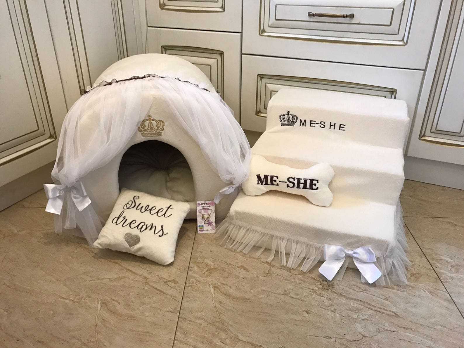 Ivory set of pet house and stairs Princess dog bed Designer Etsy