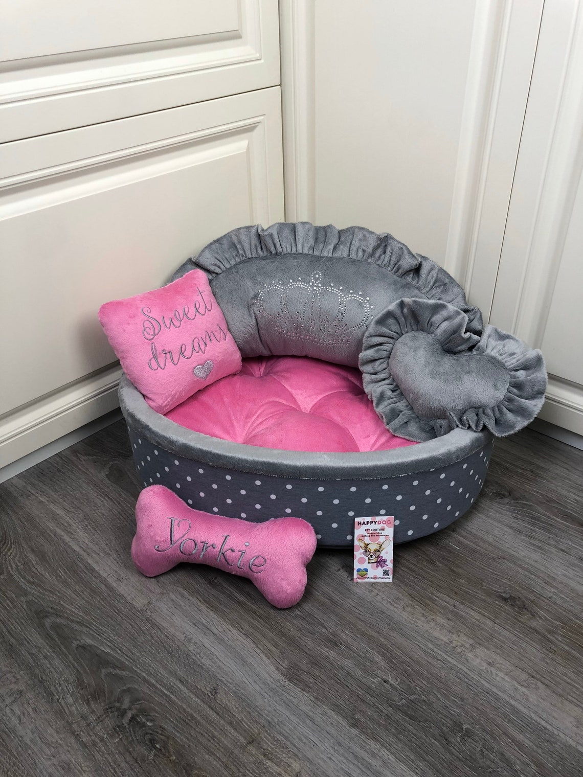 Gray Polka Dot and Pink Princess Dog Bed Personalized Dog Bed Etsy