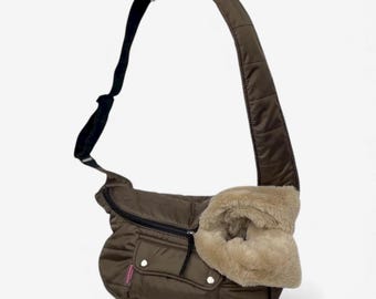 Brown and beige designer sling dog carrier for small dog or puppy