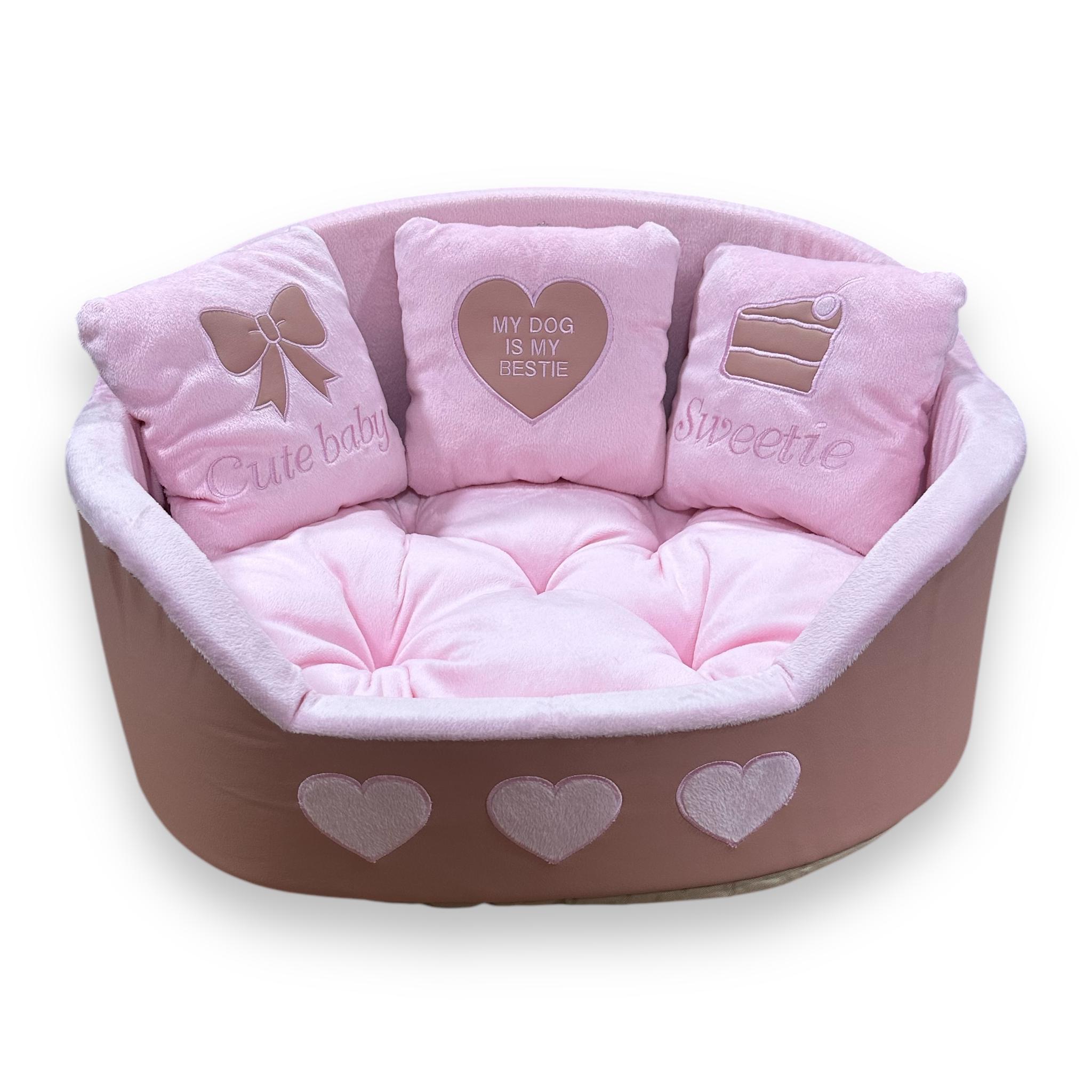 ブラッシュピンクのプリンセス犬用ベッド：枕付きフェイクレザーペット