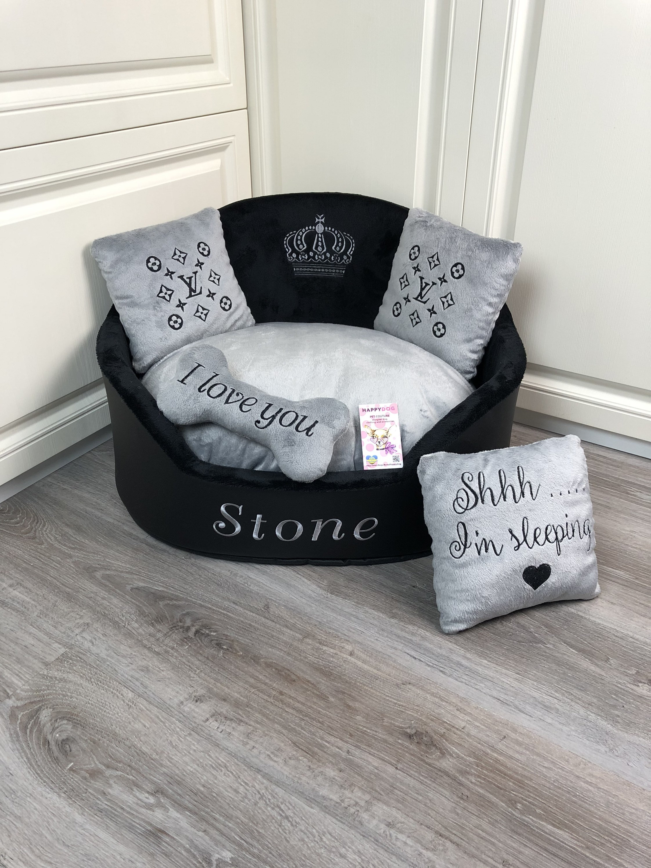 Black and Gray Personalized Luxury Dog Bed Faux Leather Pet Etsy Canada