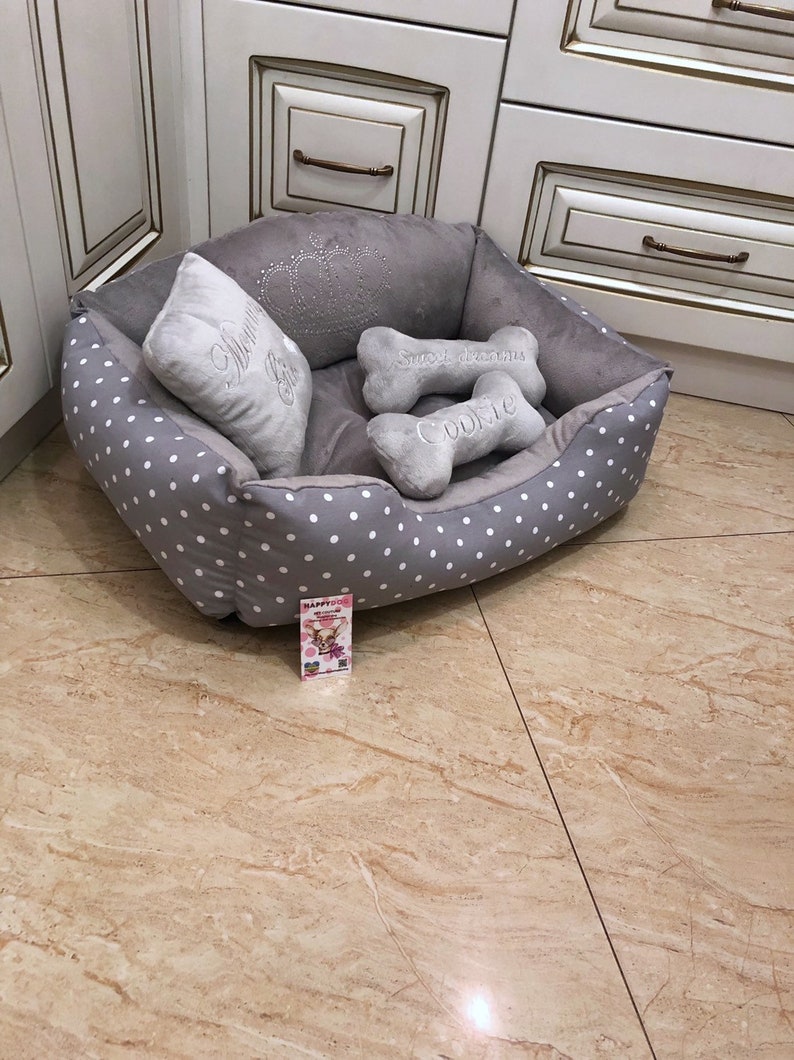 Gray Polka Dot Dog Bed Personalized Dog Bed Birthday Dog Bed Etsy