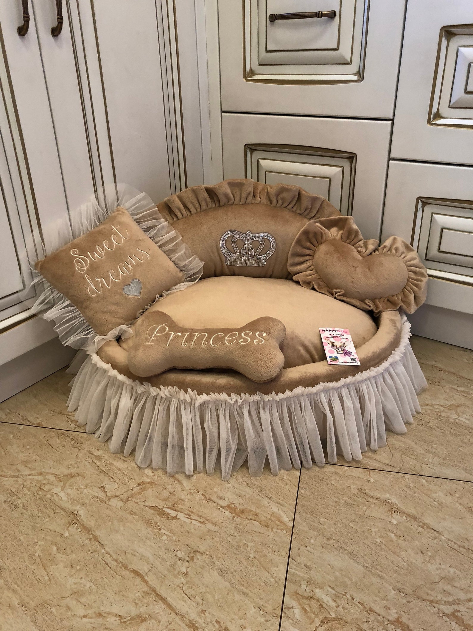 Beige Princess Dog Bed With Crown Sparkles Tan Bed for Dog Etsy