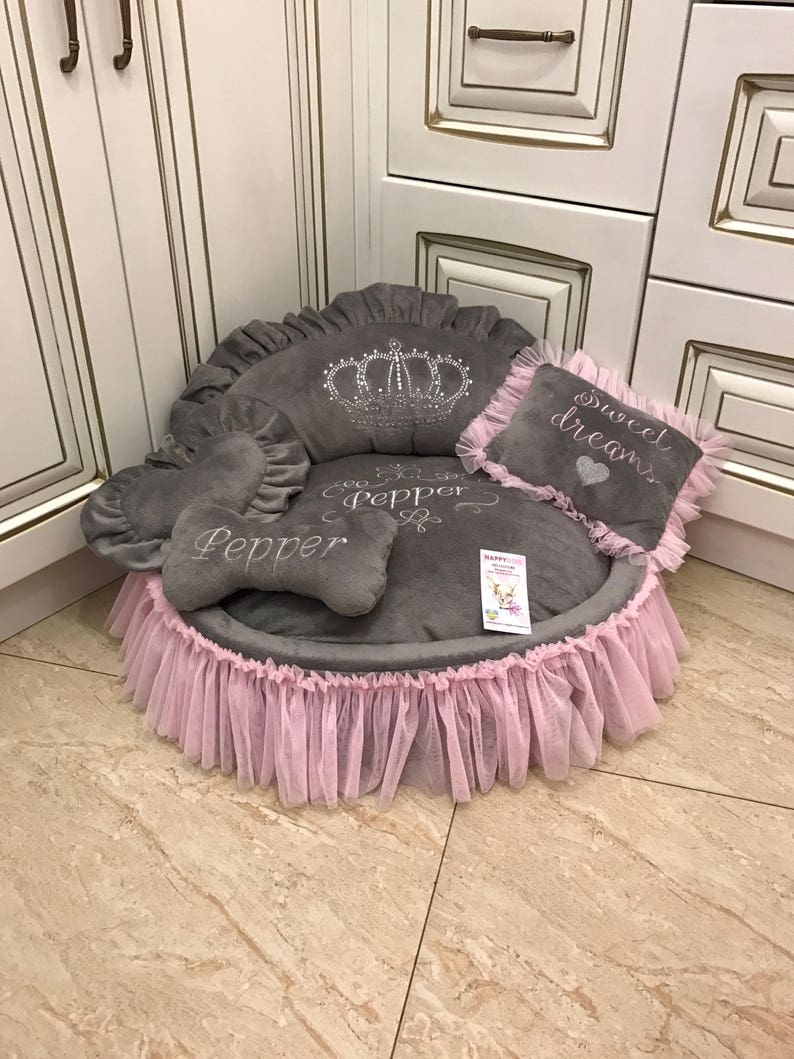 Gray and Baby Pink Princess Dog Bed With Crown Sparkles Etsy