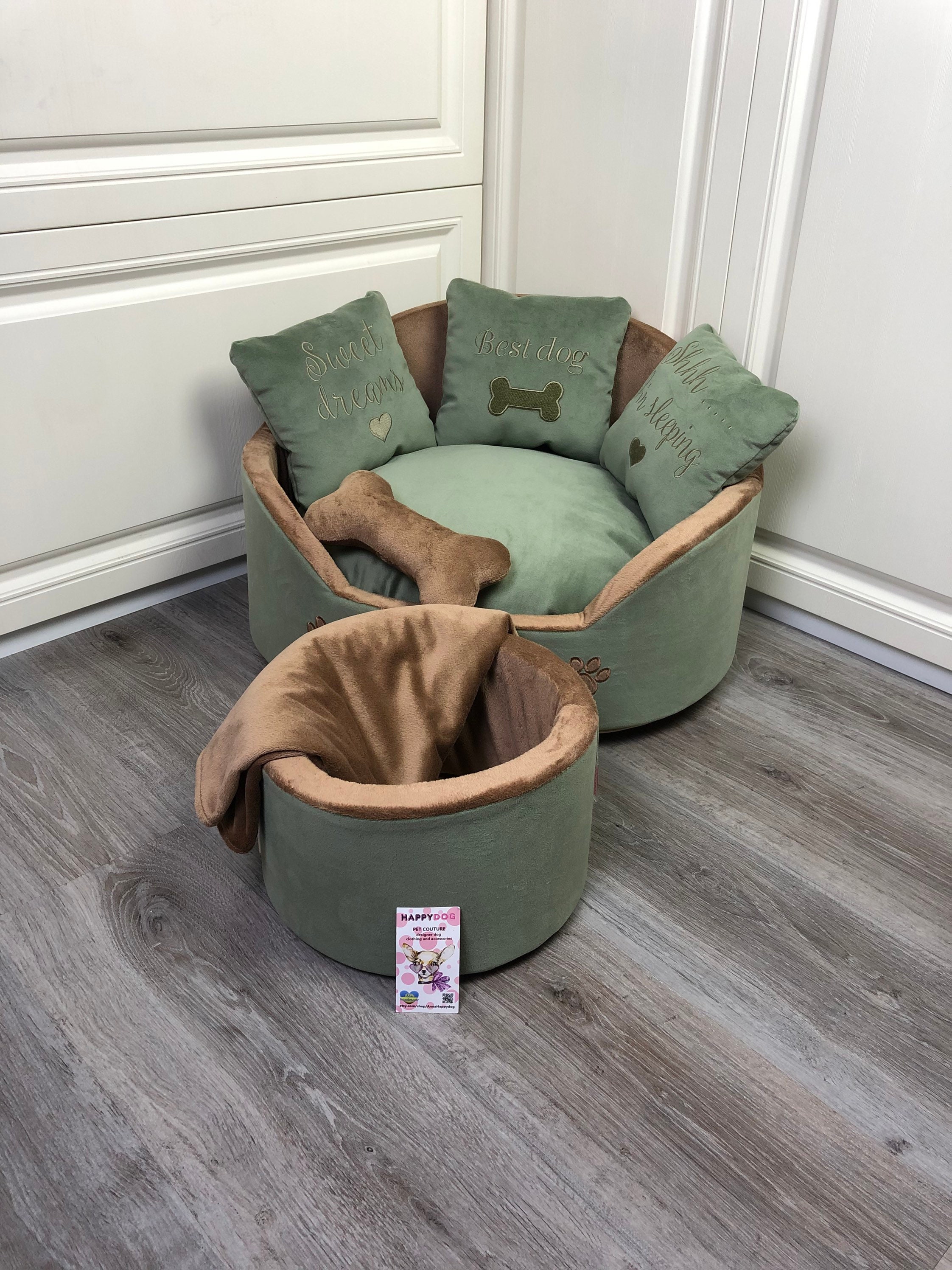 Sage green and brown luxury dog bed Designer pet bed Cat bed Etsy